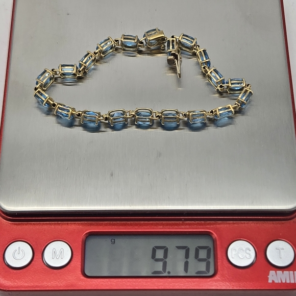 Vintage 14K Gold Blue Topaz Tennis Bracelet ADPC Signed 9.79g Solid Gold Estate - Picture 12 of 12